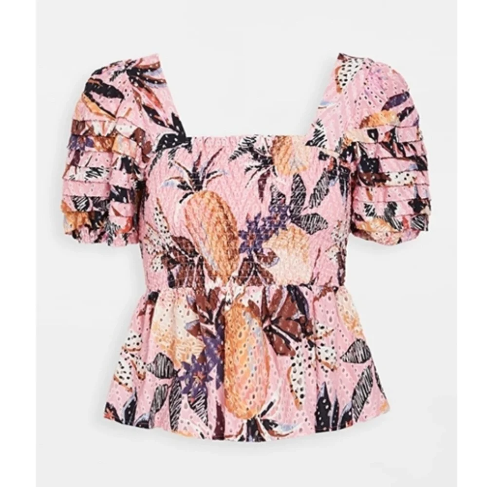 FARM Rio Pink Floral Smocked Puff-Sleeve Blouse